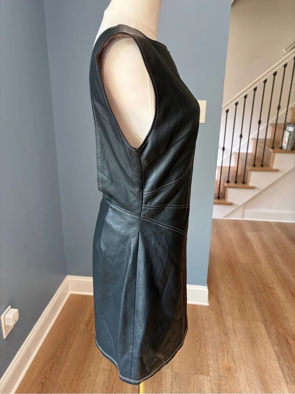 Free People Black Faux Leather Open Back Mini Dress Contrast Stitching Small